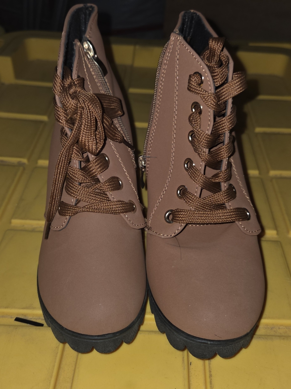SHEIN Brown Lace-Up Ankle Booties